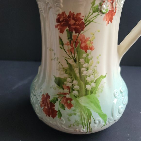 Vtg Pitcher Grandma Core Pitcher Vase Signed RS Prussia Gold Blue 9" Red Floral - Picture 3 of 14